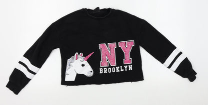 Preworn Girls Black   Pullover Sweatshirt Size 10-11 Years  - cropped, unicorns