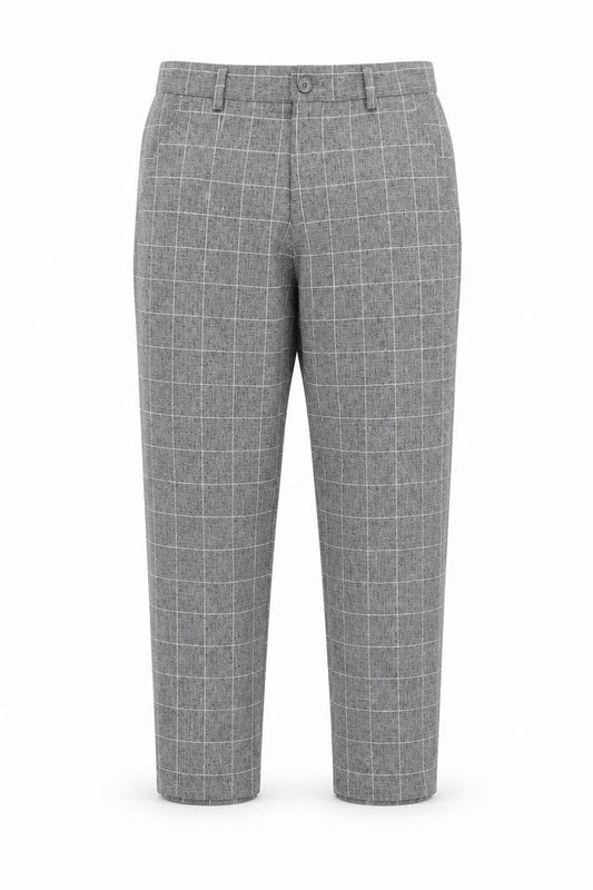 Front view of boohooMAN men’s grey check trousers, size 28, in, 26-inch leg