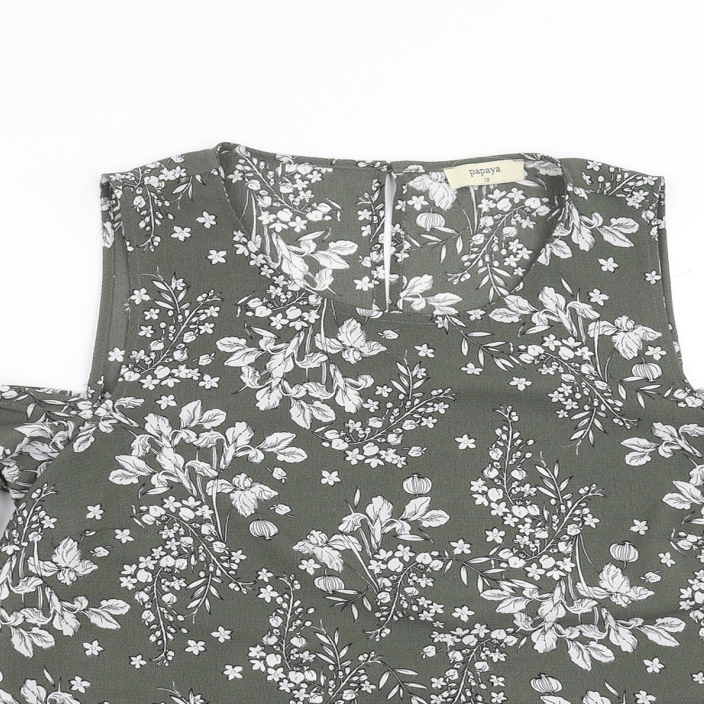 Papaya Womens Green Floral  Basic Blouse Size 12  - cold Shoulder