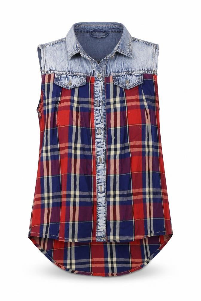 Front view of Denim & Co. women’s red check basic tank, size UK 6