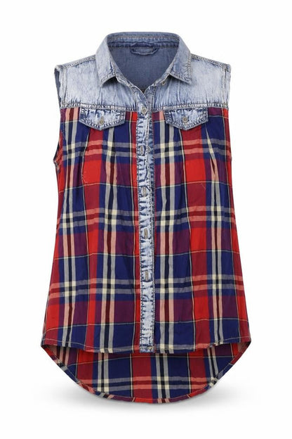Front view of Denim & Co. women’s red check basic tank, size UK 6