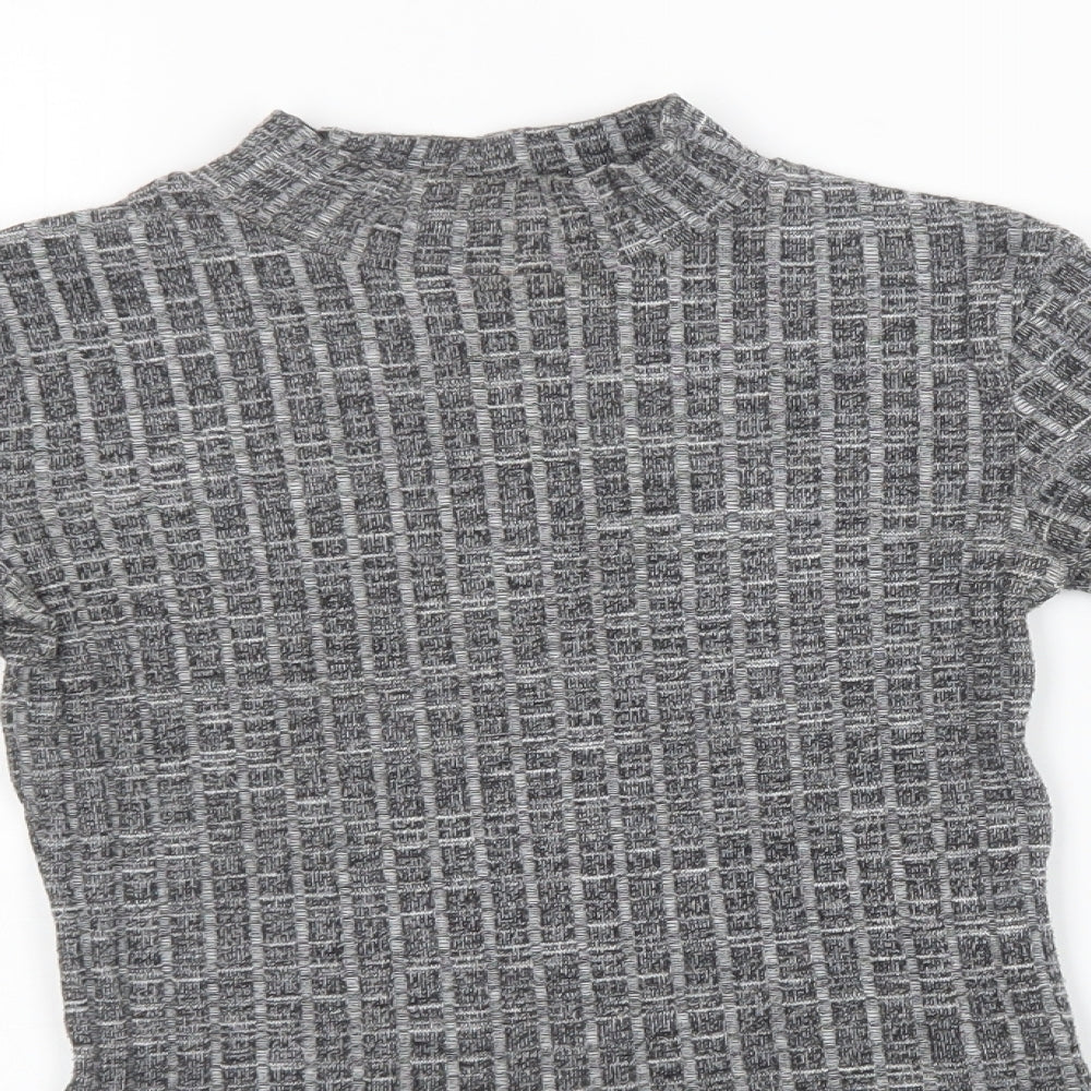 Close-up detail of Miss Selfridge women’s grey knit pullover sweatshirt, size UK 8