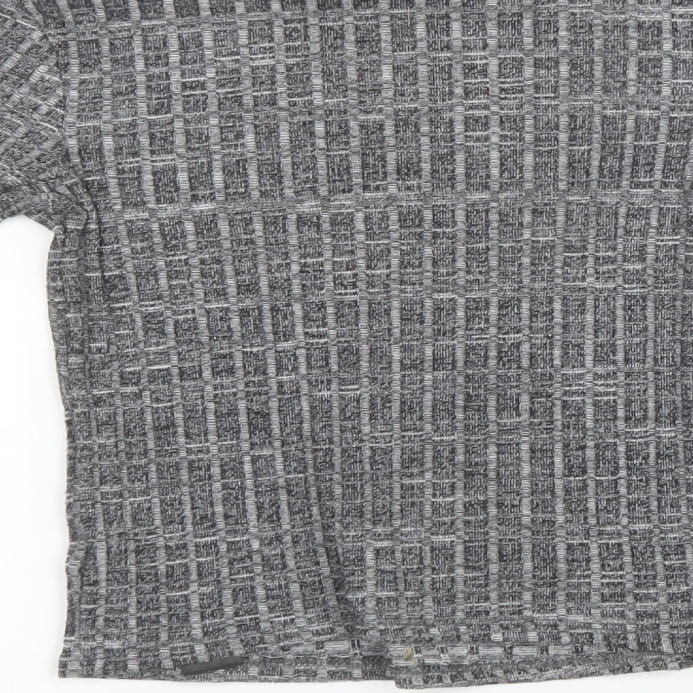 Brand and care label for Miss Selfridge women’s grey knit pullover sweatshirt, size UK 8