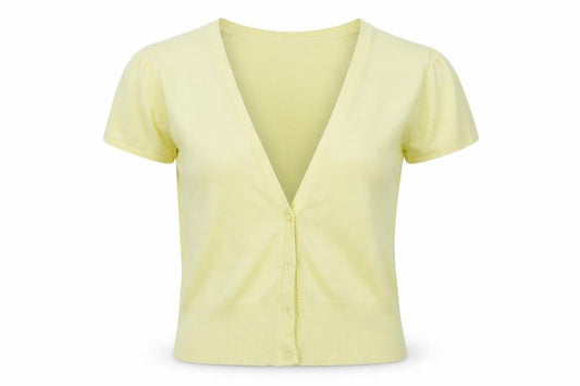 Front view of AMARANTO women’s yellow cardigan jumper, size UK 14
