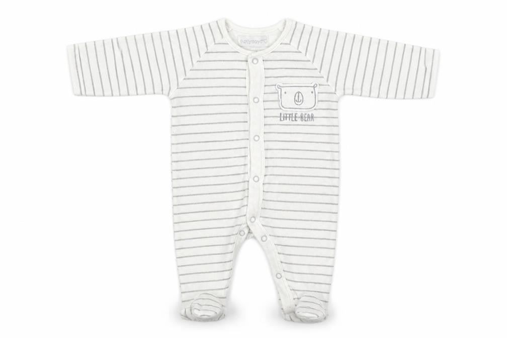Front view of Early Days boys’ white striped babygrow one-piece, size 0-3, months