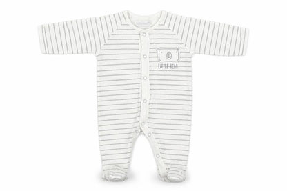 Front view of Early Days boys’ white striped babygrow one-piece, size 0-3, months