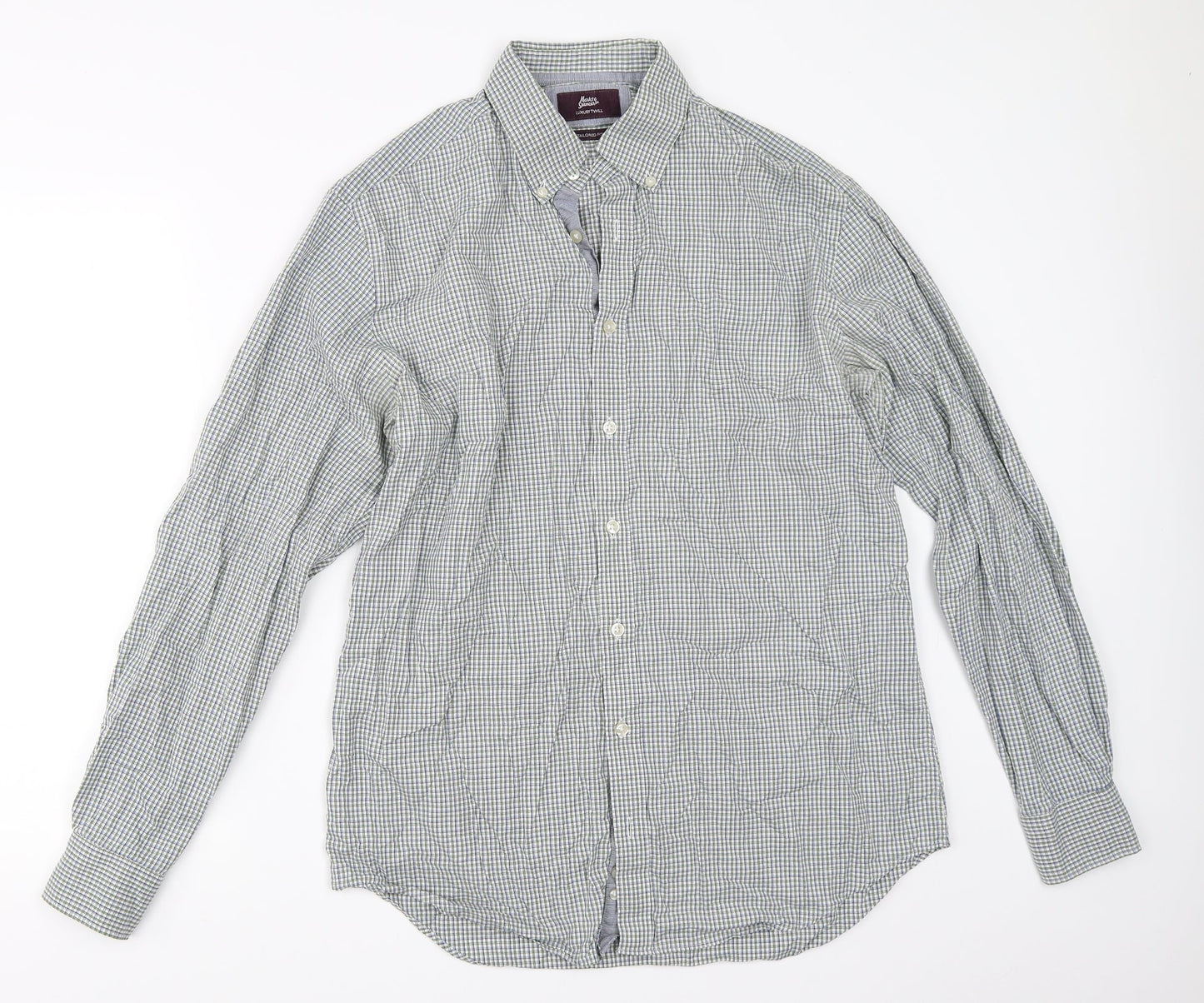 Mens UK Size 16 Marks and Spencer Green  Button-Up Long Sleeve Casual Shirt