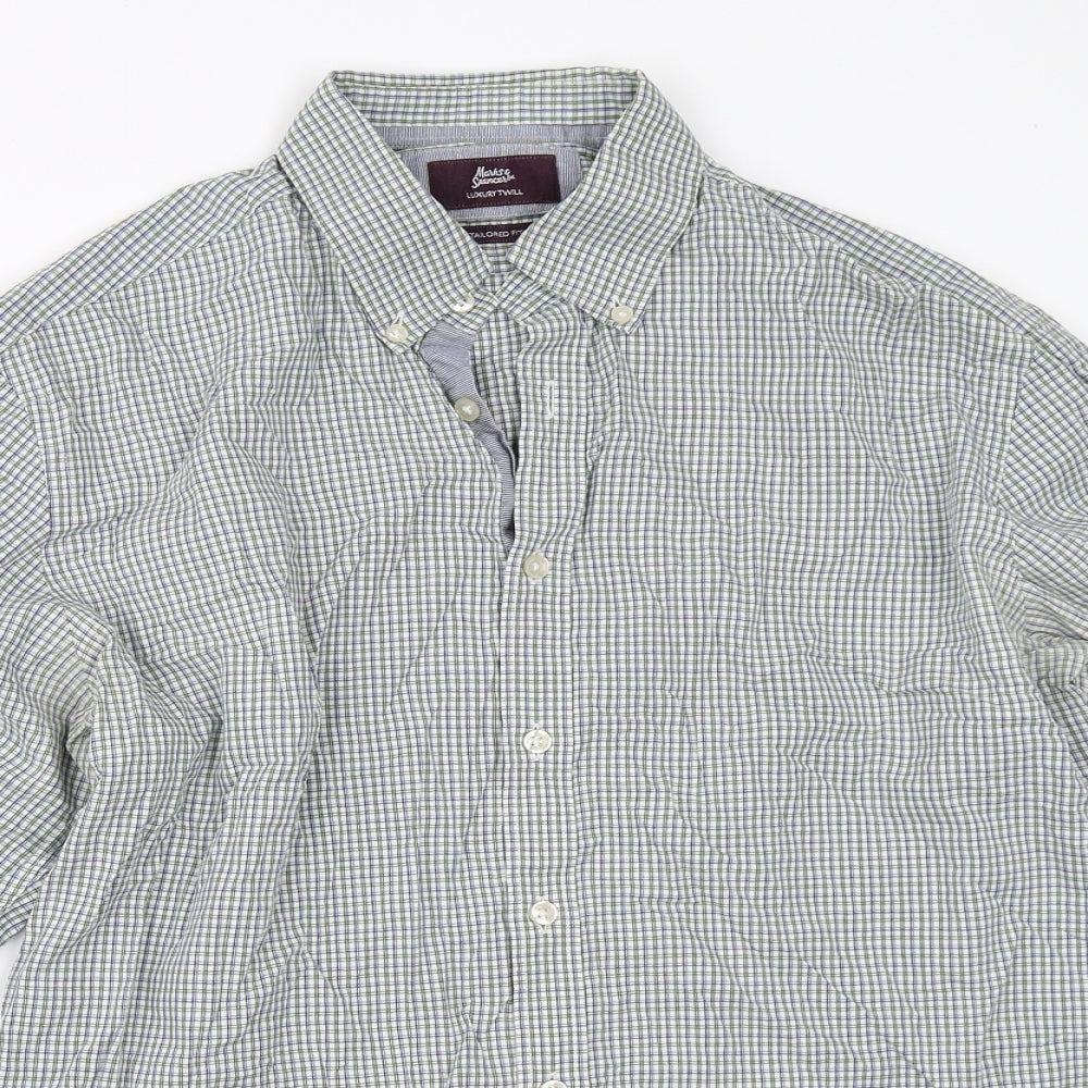 Mens UK Size 16 Marks and Spencer Green  Button-Up Long Sleeve Casual Shirt