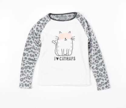 Primark Girls White Animal Print   Pyjama Top Size 9-10 Years  - cat