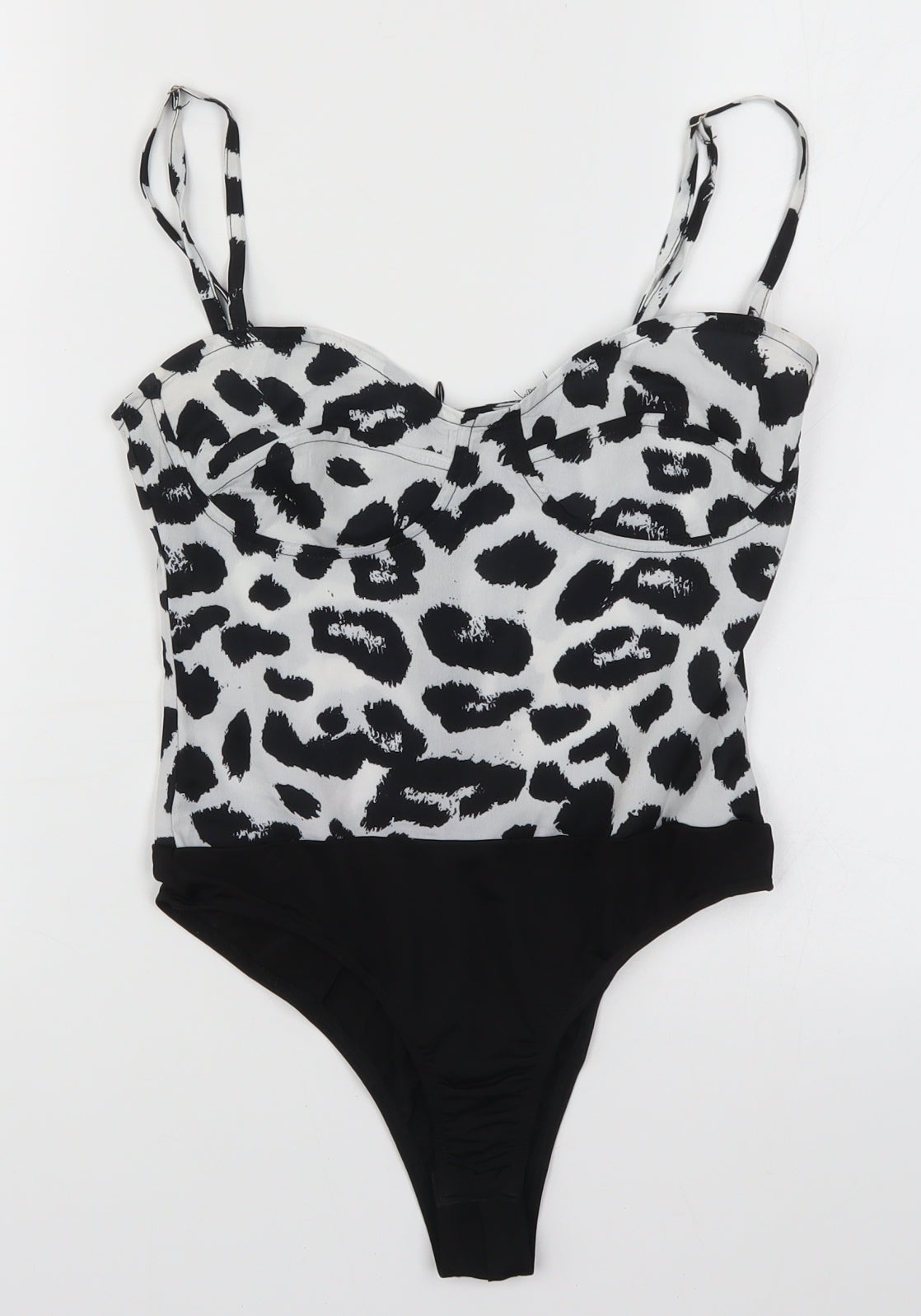 PRETTYLITTLETHING Womens Black Animal Print  Bodysuit One-Piece Size 4  - Black and White