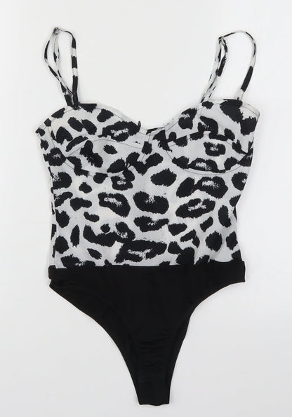 PRETTYLITTLETHING Womens Black Animal Print  Bodysuit One-Piece Size 4  - Black and White