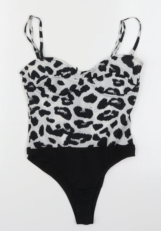 PRETTYLITTLETHING Womens Black Animal Print  Bodysuit One-Piece Size 4  - Black and White
