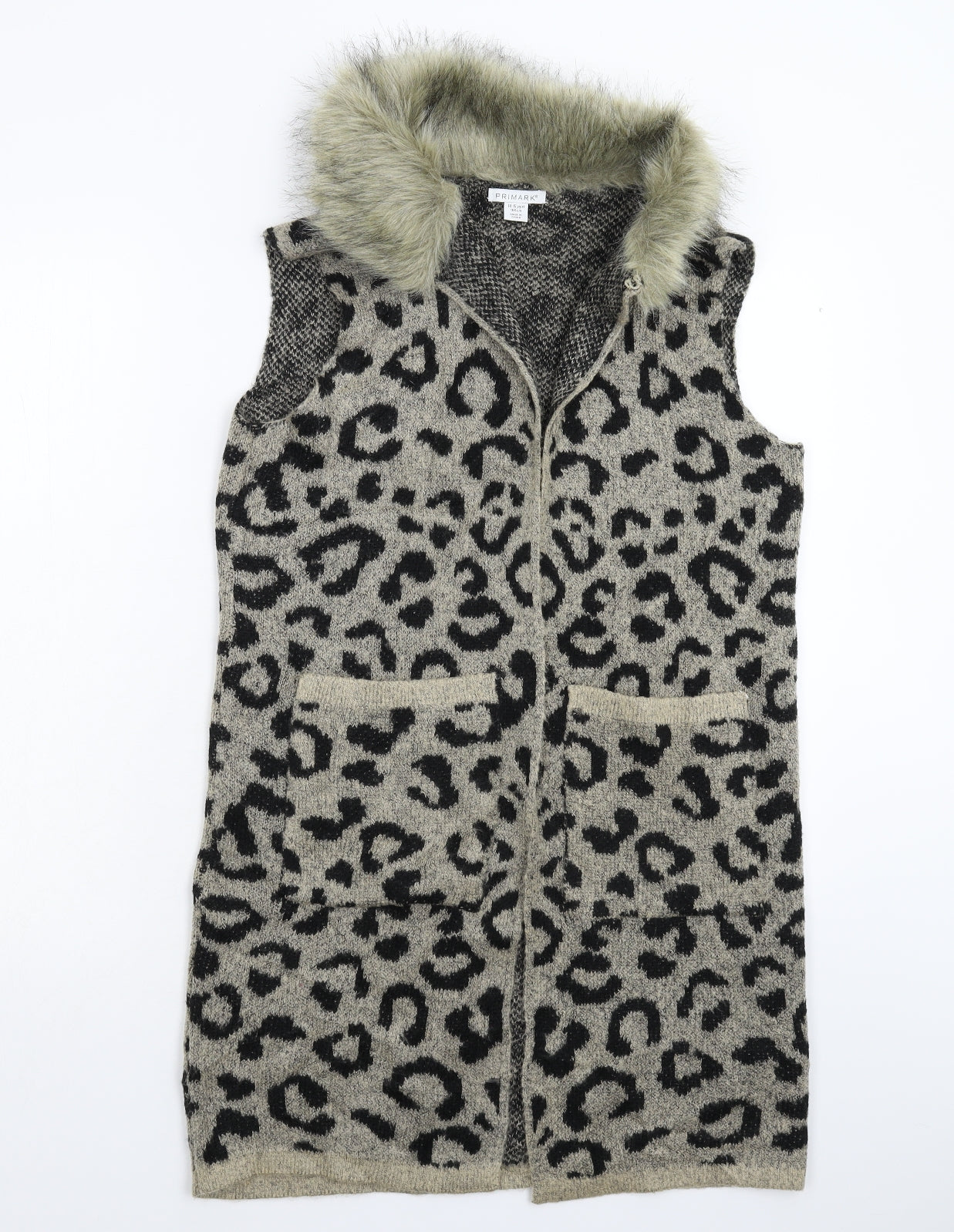 Primark Girls Beige Animal Print Knit Gilet Coatigan Size 14-15 Years