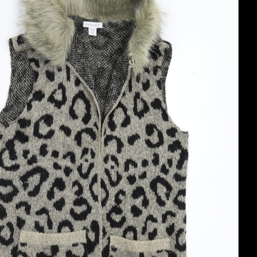 Primark Girls Beige Animal Print Knit Gilet Coatigan Size 14-15 Years
