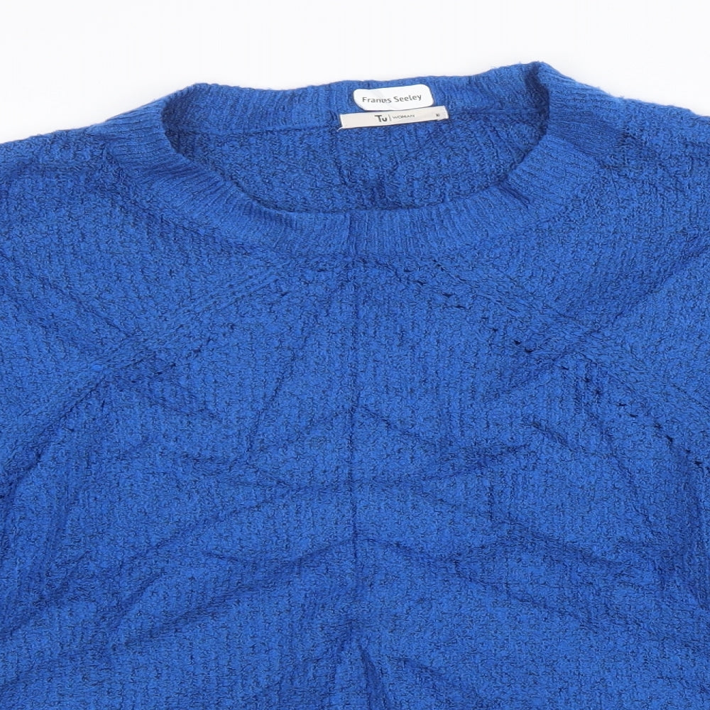 Close-up detail of TU women’s blue knit pullover sweatshirt, size UK 16