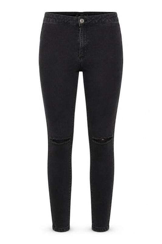 Front view of Missguided women’s black denim skinny jeans, size UK 10, 27-inch leg