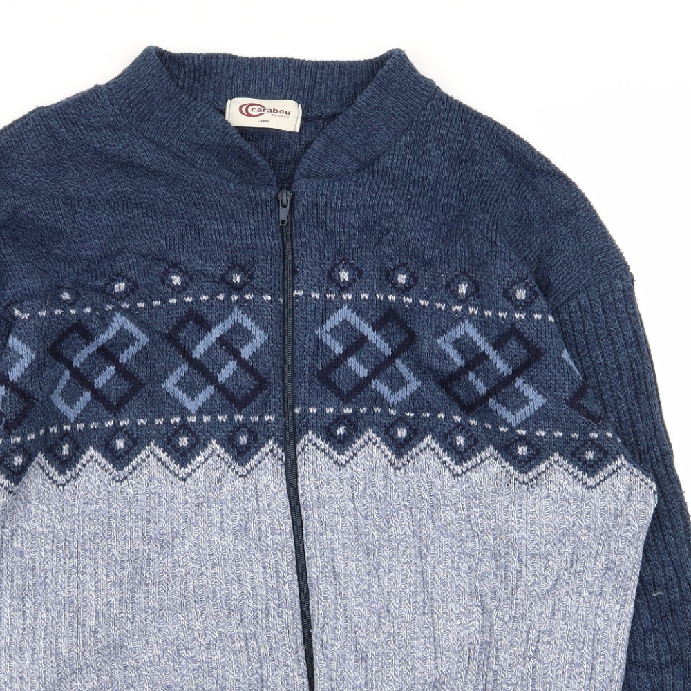 Carbou Mens Blue Geometric  Full Zip Jumper Size L