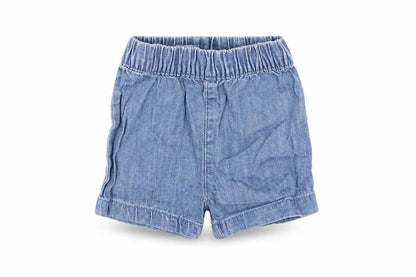 Front view of Marks & Spencer girls’ blue denim cropped trousers, size 3-6, months - shorts