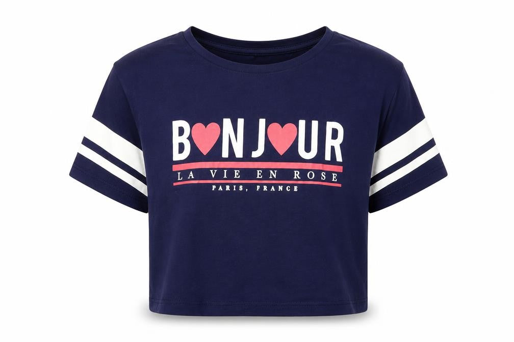 Front view of Matalan girls’ blue striped cropped t-shirt, size 10, years