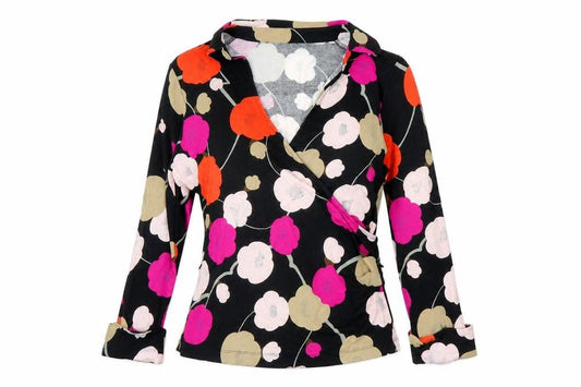 Preworn Womens Black Floral  Wrap Blouse Size S