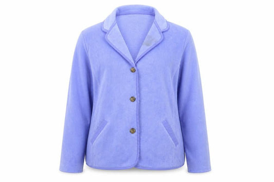 Front view of Lands End women’s blue cardigan jumper, size S