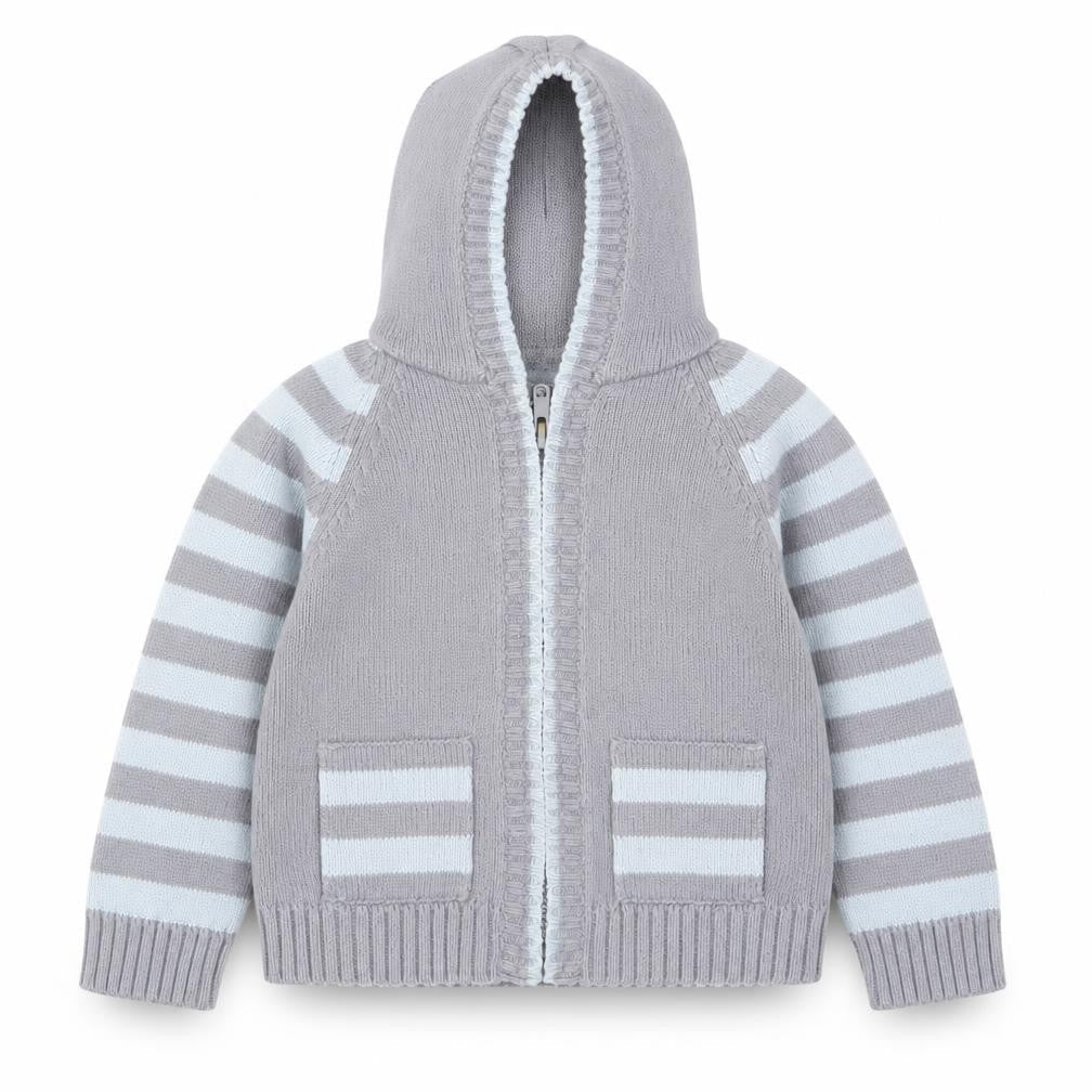Front view of Cherokee boys’ blue striped knit full zip jumper, size 12-18, months