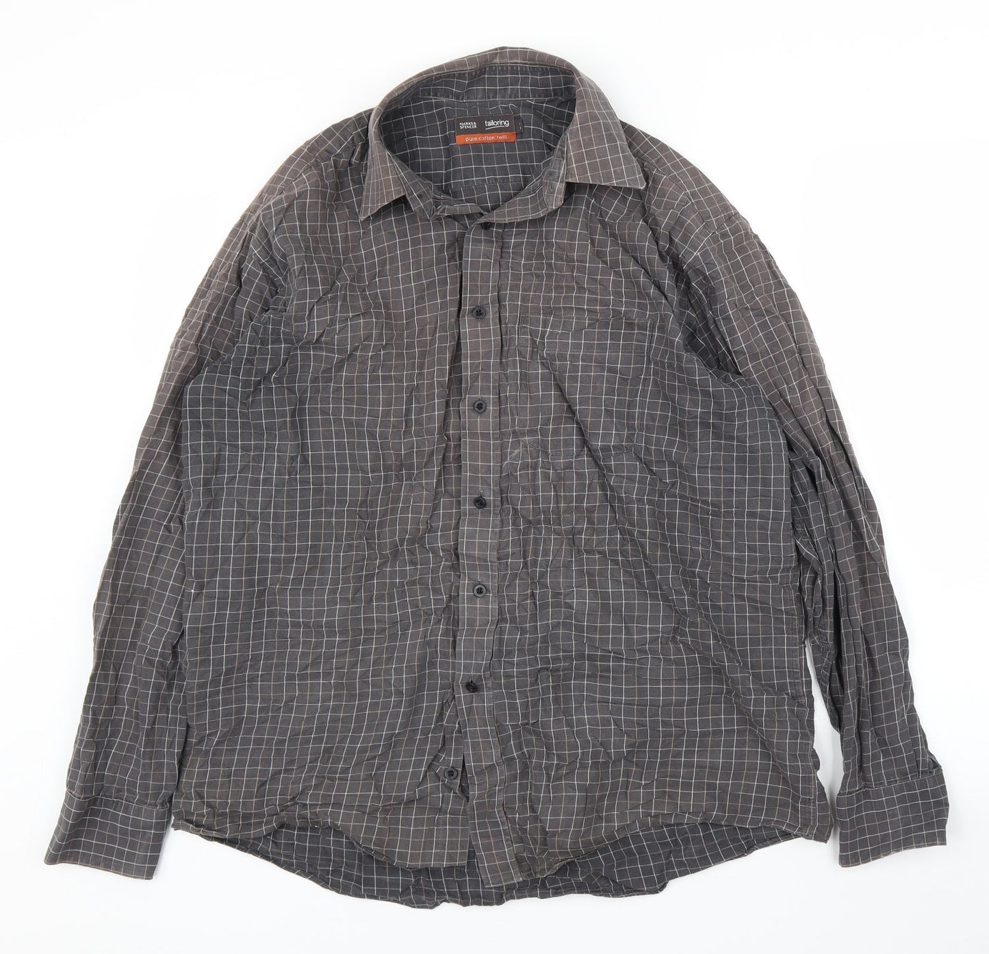 Mens UK Size 16 M&S Brown  Button-Up Long Sleeve Casual Shirt