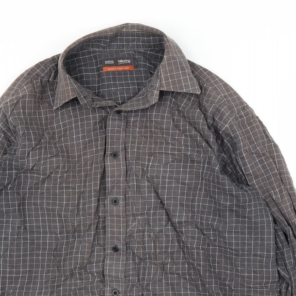 Mens UK Size 16 M&S Brown  Button-Up Long Sleeve Casual Shirt