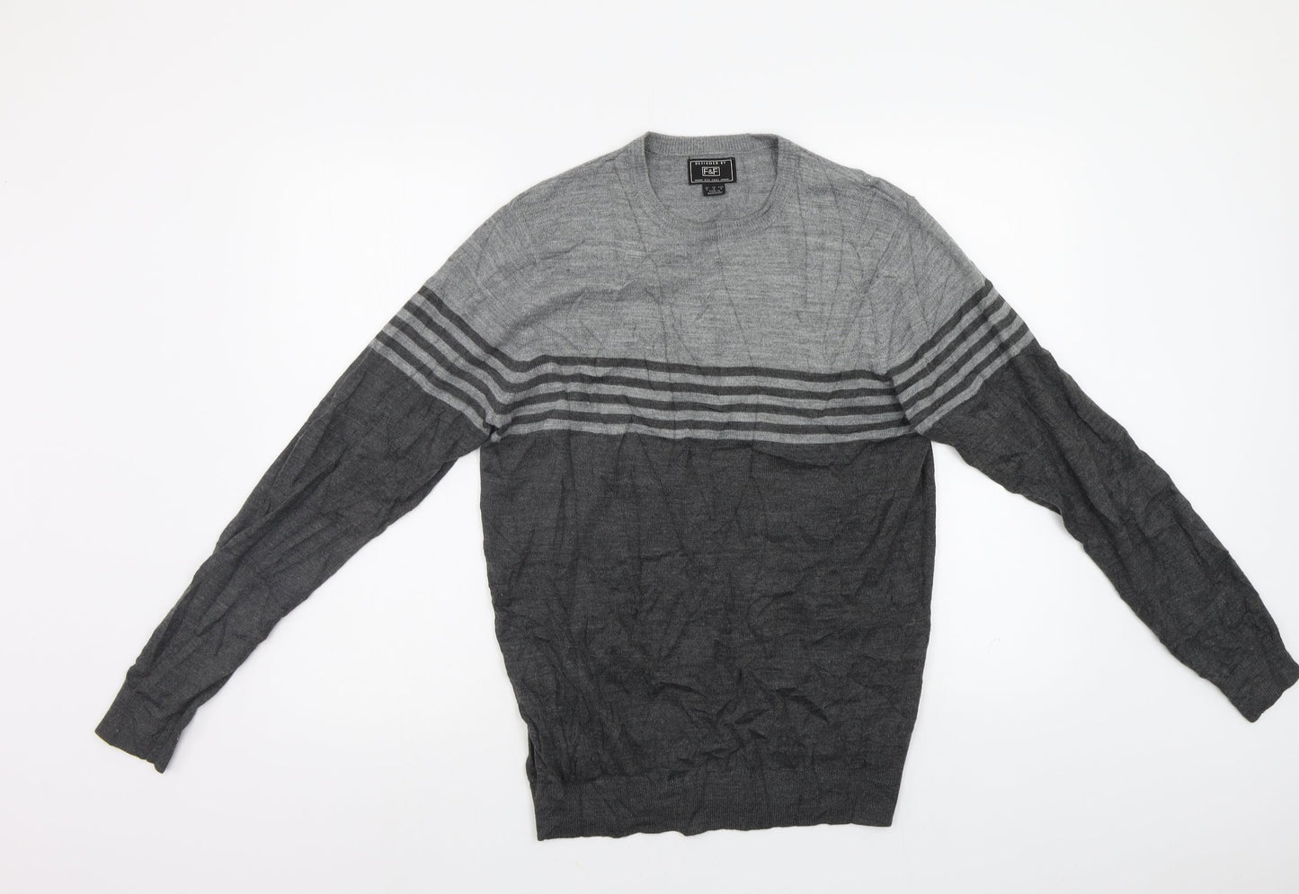 F&F Mens Grey Striped  Pullover Jumper Size S