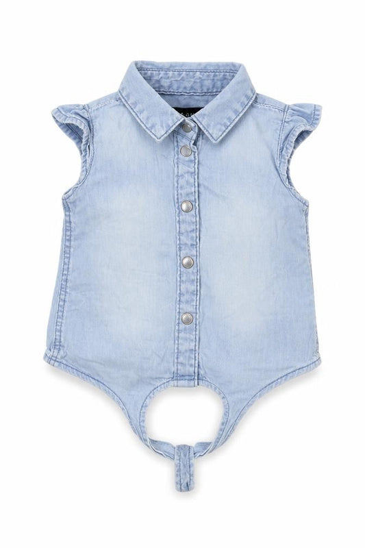 Front view of Denim Co Baby Blue Basic Button-Up, size 6-9, Months