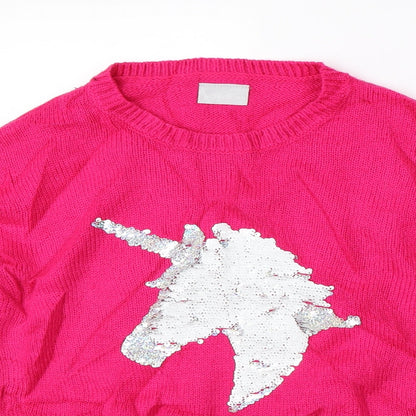 I Love Girls Wear Girls Pink  Knit Pullover Jumper Size 12 Years  - unicorn