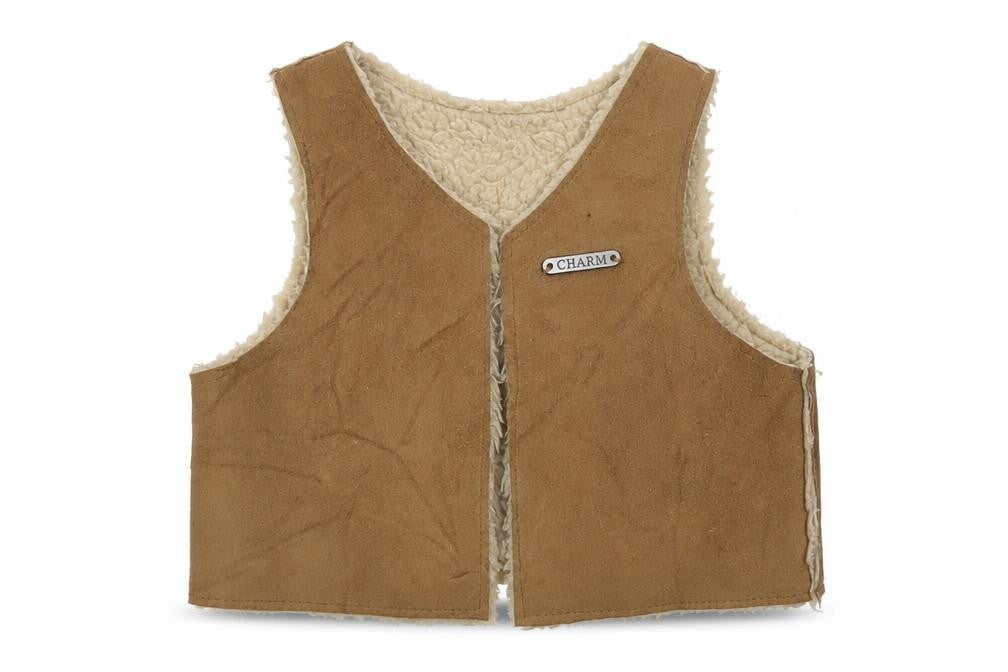 Front view of max girls’ brown vest jumper, size 6-9, months