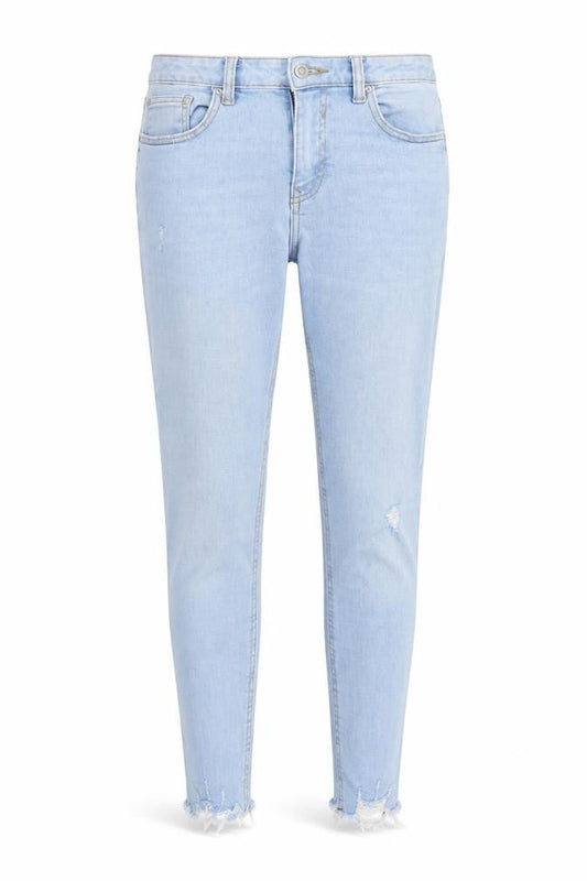 Front view of Denim & Co. women’s blue denim tapered jeans, size UK 10, 27-inch leg