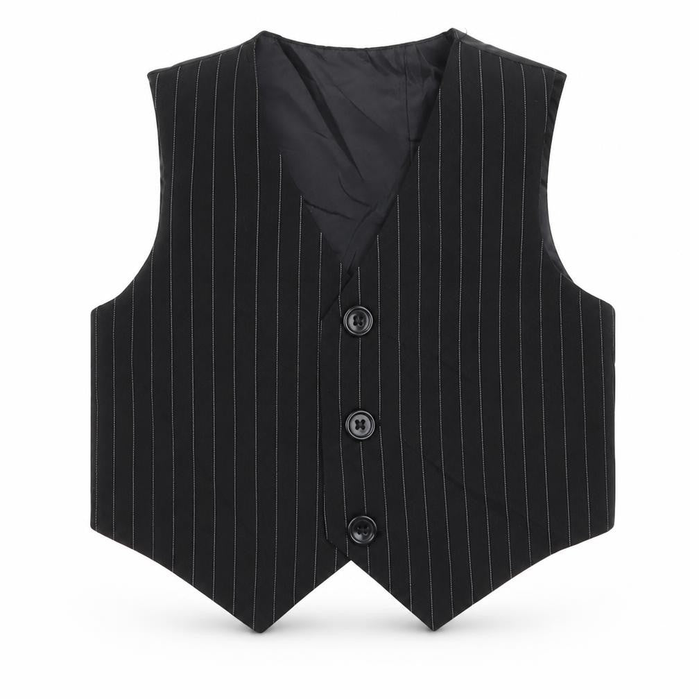 Front view of Preworn boys’ black striped jacket waistcoat, size 3-6, months