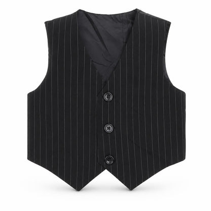 Front view of Preworn boys’ black striped jacket waistcoat, size 3-6, months
