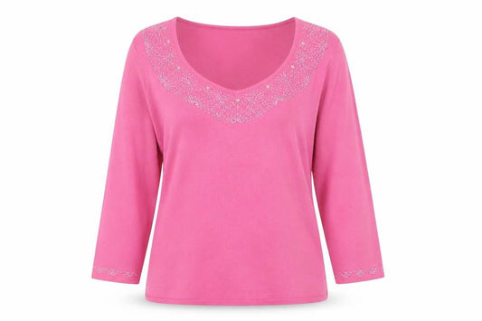 Front view of AMARANTO women’s pink jumper, size UK 16