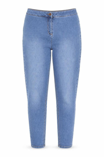 Front view of Papaya women’s blue denim straight jeans, size UK 12, 28-inch leg