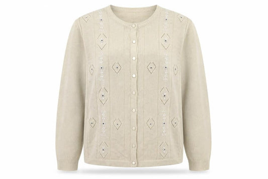Front view of AKAL women’s brown knit cardigan jumper, size M