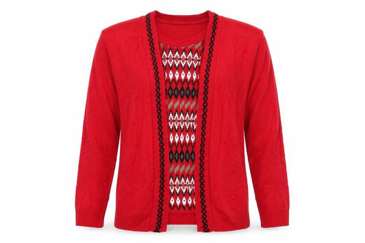 Front view of Pure & natural women’s red geometric knit jumper, size S, - cardigan and top all in one