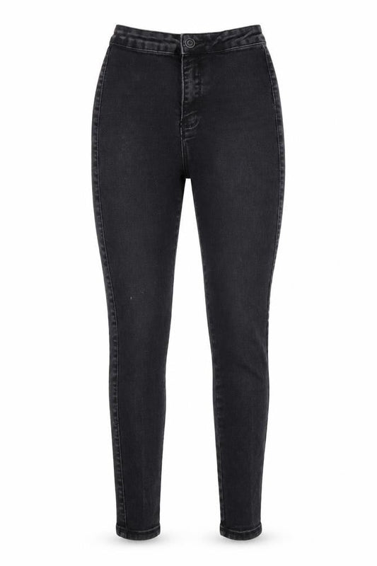 Front view of Missguided women’s black skinny jeans, size UK 8, 26-inch leg