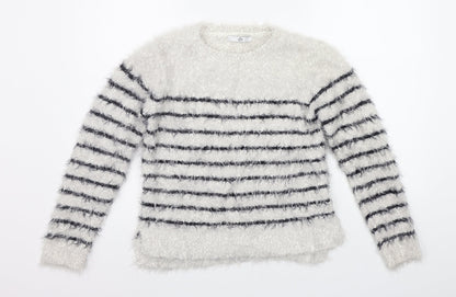 Marks and Spencer Girls White Striped  Pullover Jumper Size 11-12 Years