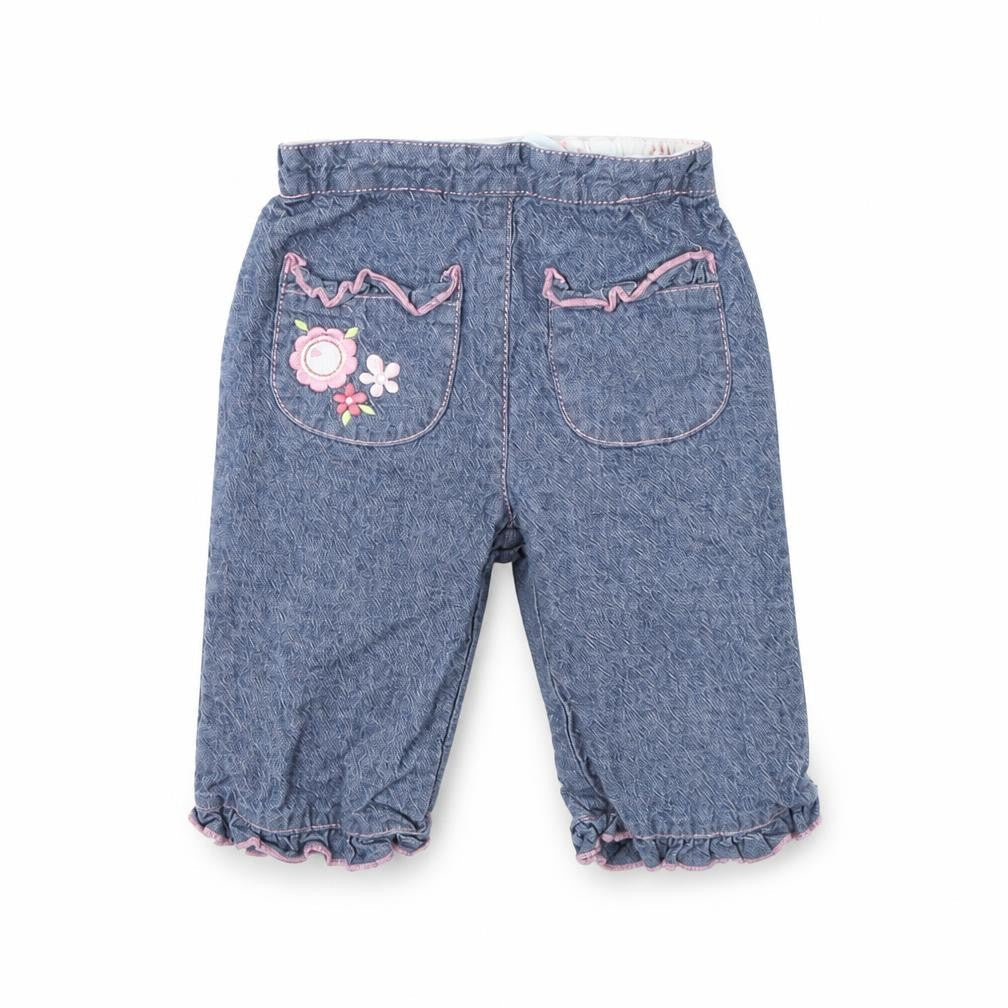 Front view of Tu girls’ blue denim capri trousers, size 3-6, months