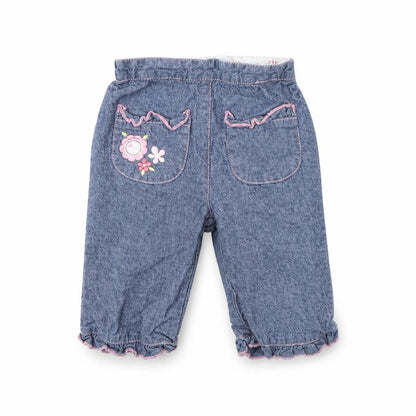 Front view of Tu girls’ blue denim capri trousers, size 3-6, months