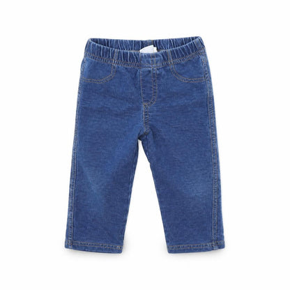 Front view of Mini Club girls’ blue denim capri jeans, size 9, months