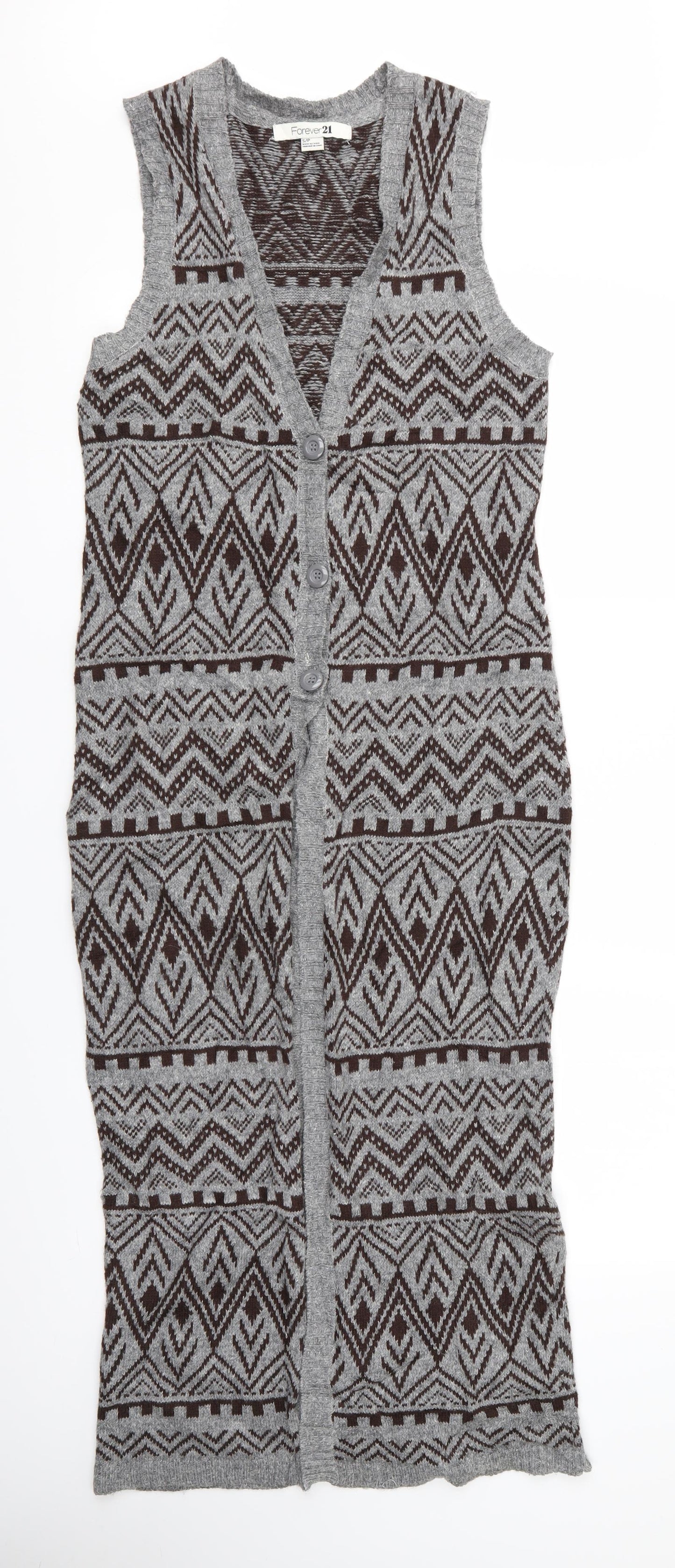 FOREVER 21 Womens Multicoloured Geometric  Cardigan Jumper Size S  - Longline Knit Waistcoat