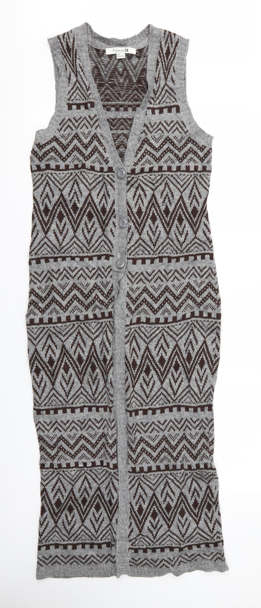FOREVER 21 Womens Multicoloured Geometric  Cardigan Jumper Size S  - Longline Knit Waistcoat