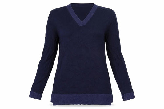 Front view of Lands End women’s blue knit jumper, size S