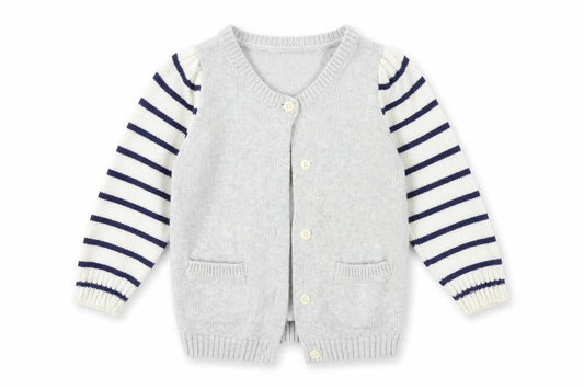 Front view of Old Navy Baby Silver Striped Knit Cardigan Jumper, size 24, Months