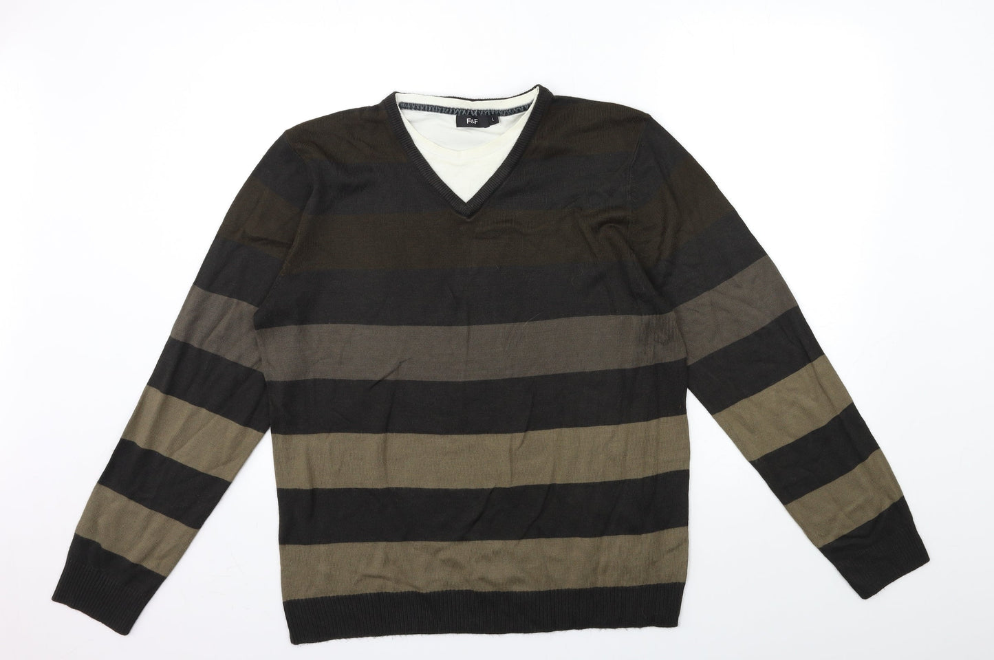 F&F Mens Brown Striped Knit Pullover Jumper Size L