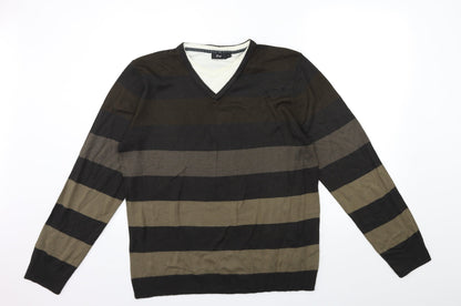 F&F Mens Brown Striped Knit Pullover Jumper Size L